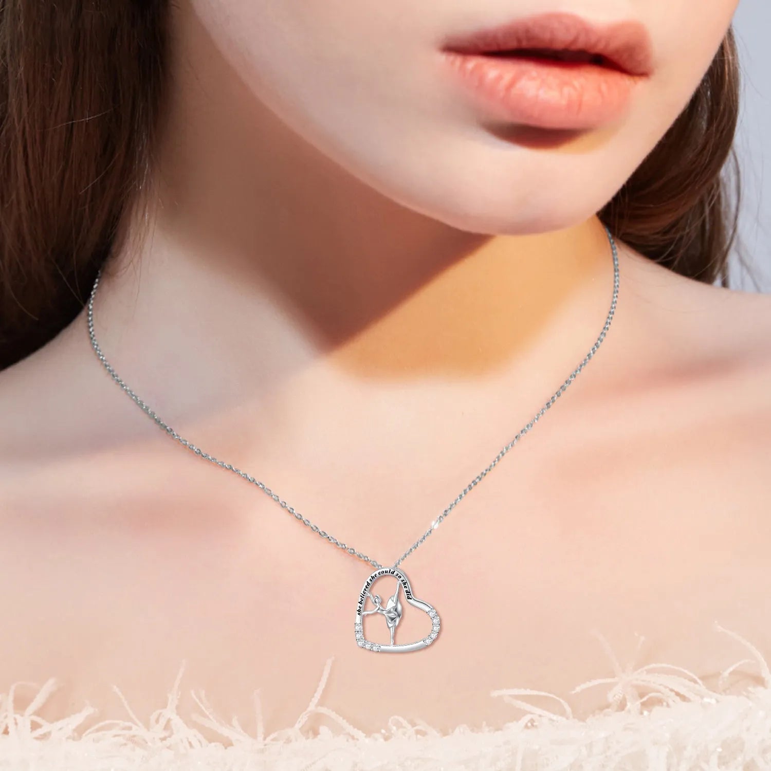 925 sterling silver heart ballerina dancer pendant necklace with cubic zirconia stone on white background