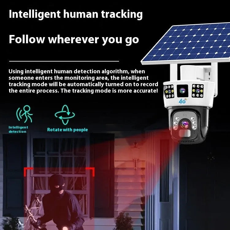 Solar-powered binocular outdoor surveillance camera with three screens and solar panel