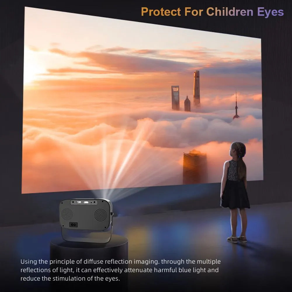 Black portable HD projector with Android system, remote control, and universal power cables