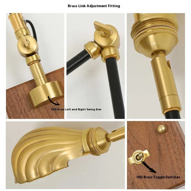 Retro copper rocker arm wall lamp for bedside or creative wall lighting