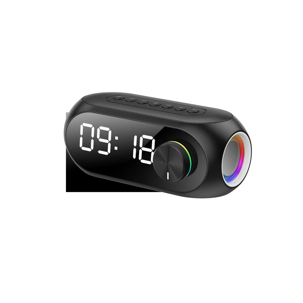 S8 Black portable USB mini clock radio with extra bass on a table.