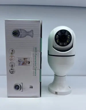 Wireless WiFi bulb security camera with plastic and metal construction measuring 5cm by 12cm