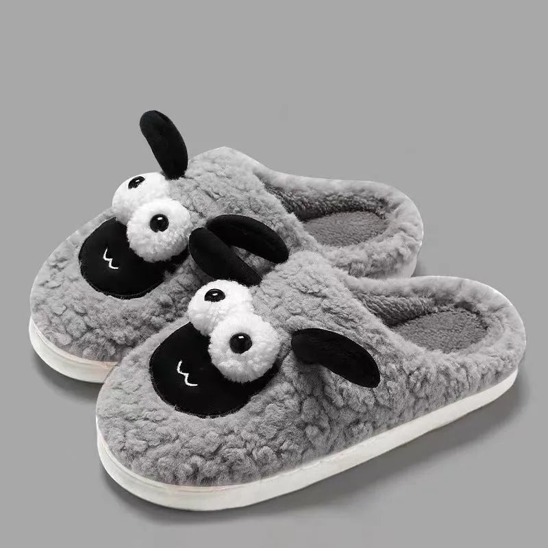 Simple lamb thermal cotton slip-on slippers in suede, shown in brown colour with sewn PVC sole.
