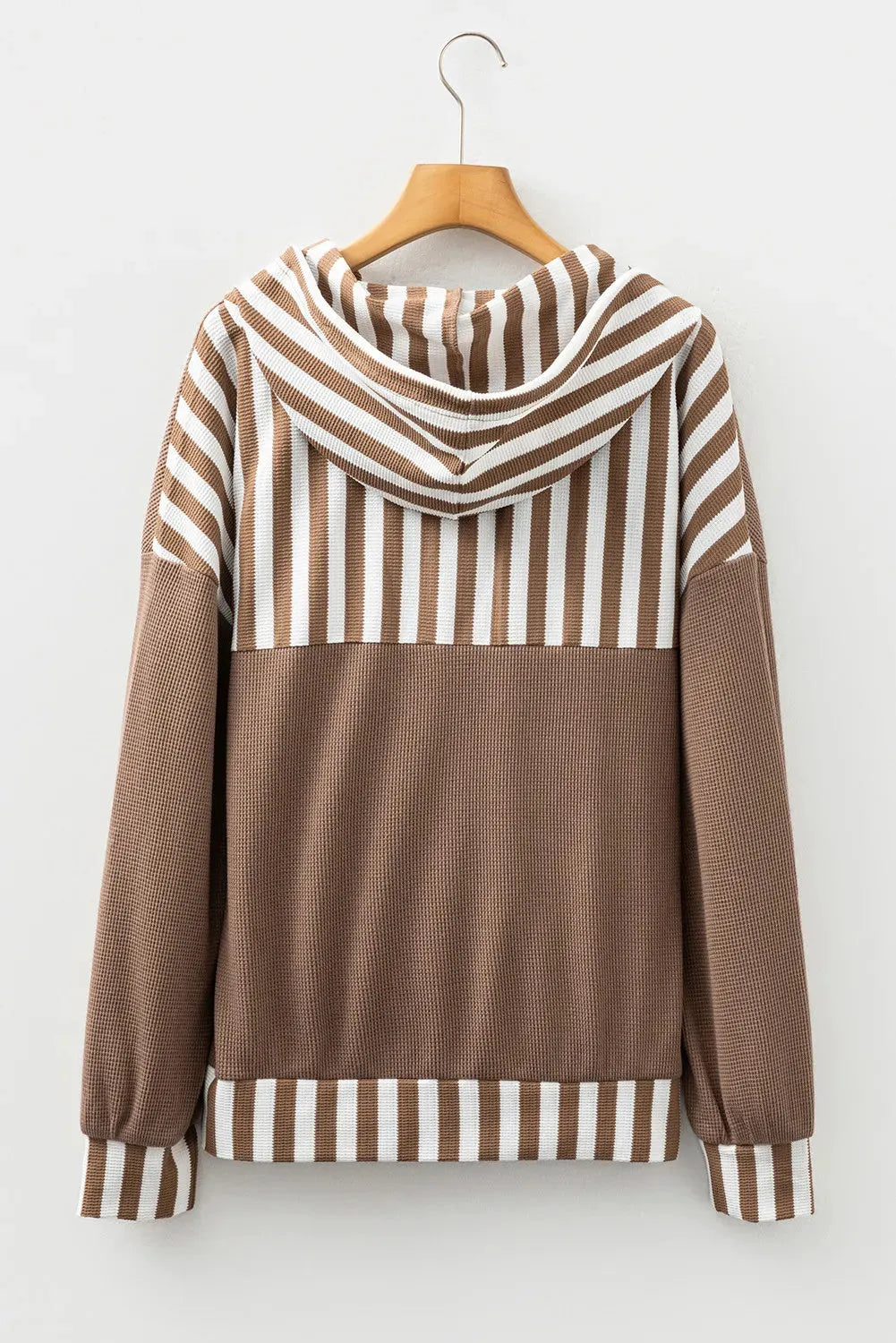 Straw yellow striped patchwork hoodie with waffle texture fabric and a drawstring hood.