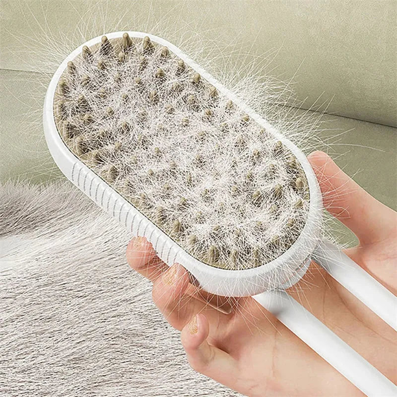 Porcelain White 3-in-1 Electric Steam Pet Brush with silicone bristles and USB charging port