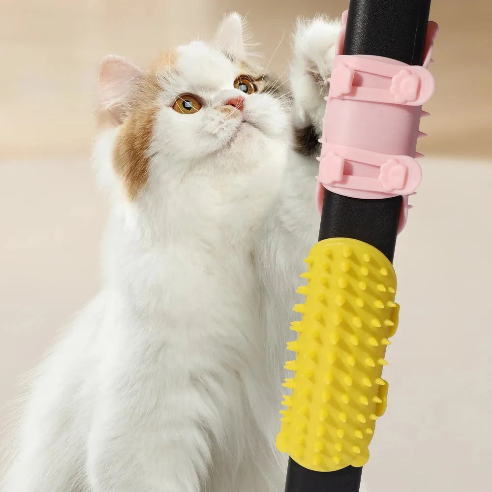 Silicone cat grooming and scratching comb with adjustable strap in black, green, pink, or yellow.