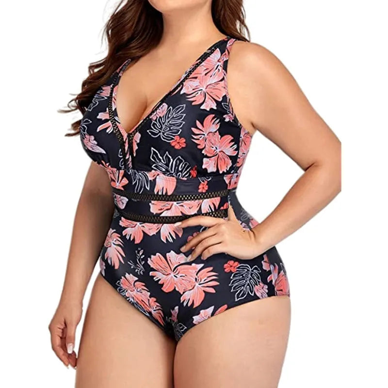 Black printed plus size women's bikini swimwear in polyester mesh fabric with stitching detail