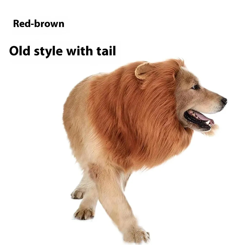 Dog wearing adjustable lion headdress costume with elastic band in light brown colour
