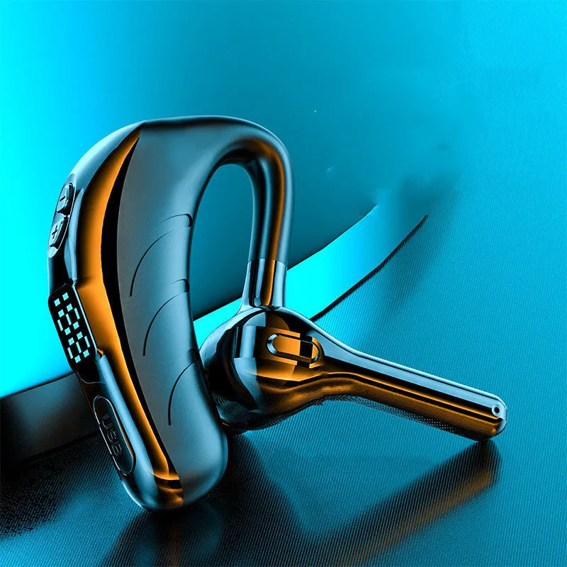 Battery display wireless Bluetooth headset ear mounted in black with charging port visible