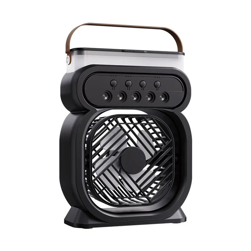 Black portable air cooler with LED lights, water tank, and USB cable on wooden desk