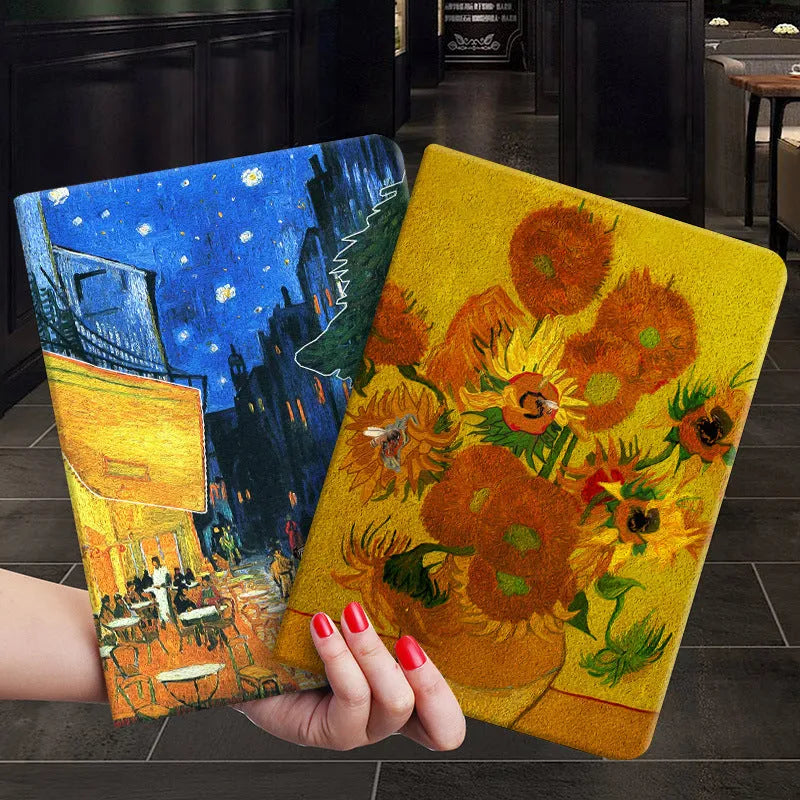 Handmade liquid silicone flip case for iPad with floral artwork on the cover.