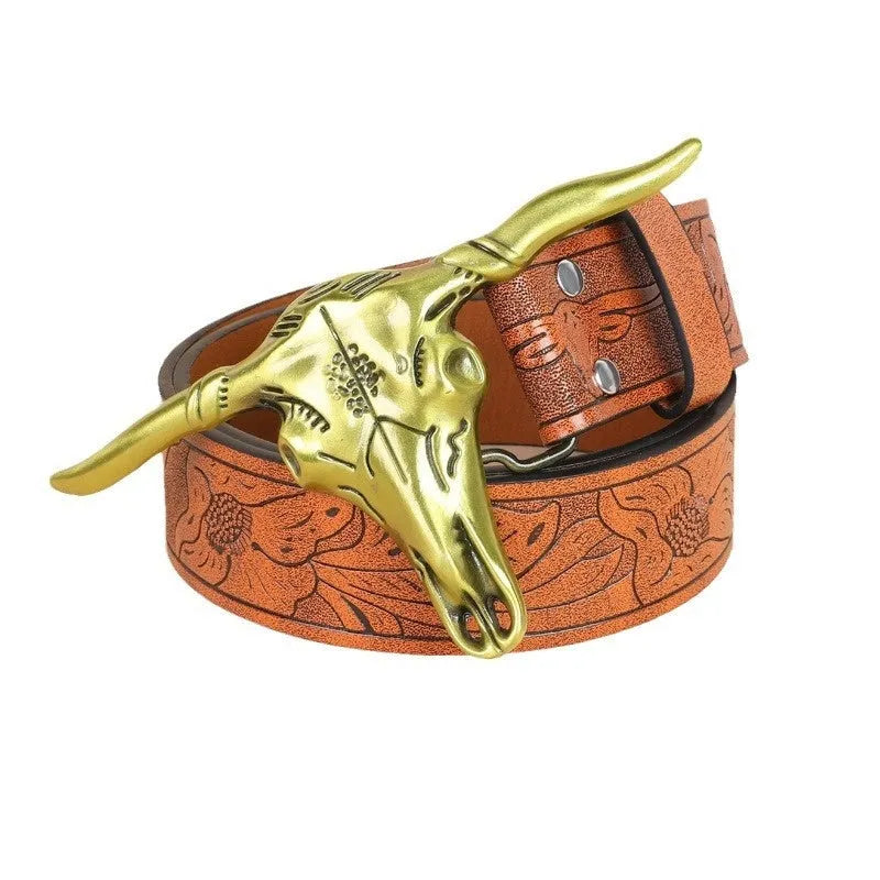 Men's black imitation leather belt with detailed alloy cow head buckle and pin fastening