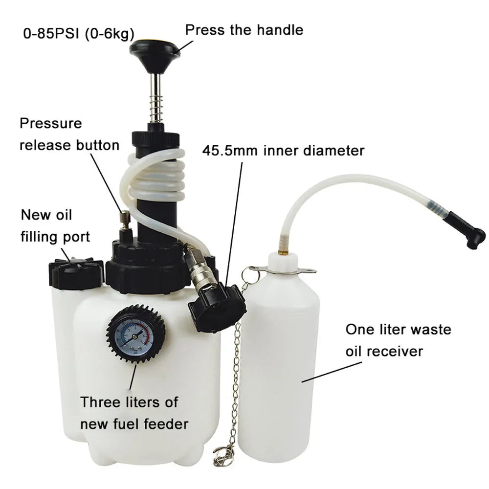 White 3-litre plastic brake fluid tank with copper and iron pump fittings for automotive service.