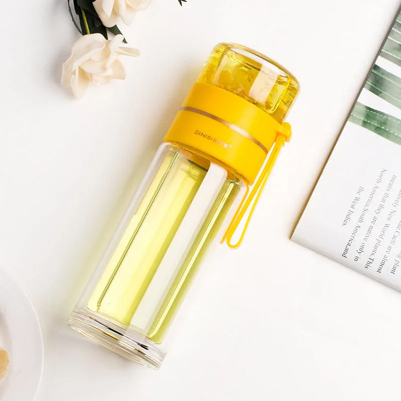 Double wall glass water bottle with tea infuser filter in green 400ml, portable rope attached