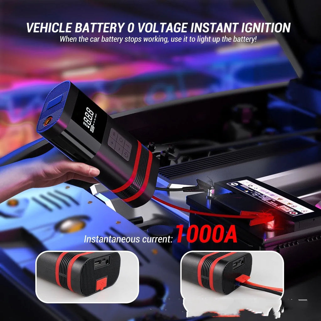 Black wireless car jump starter power bank measuring 19.5cm with LED lights and USB charging