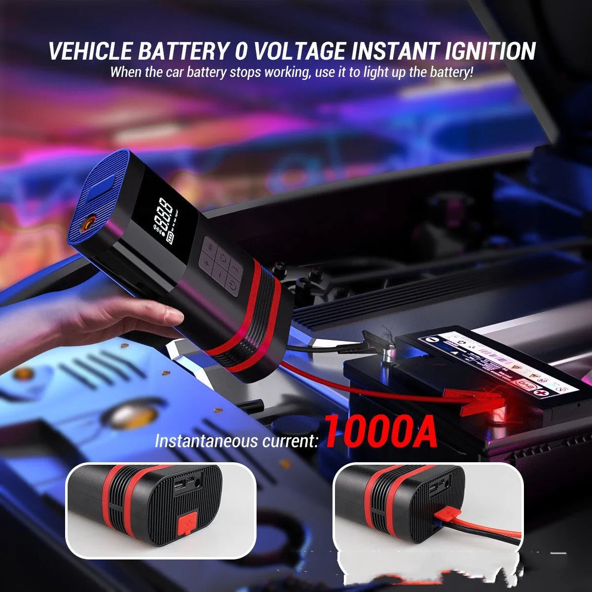 Black wireless car jump starter power bank measuring 19.5cm with LED lights and USB charging
