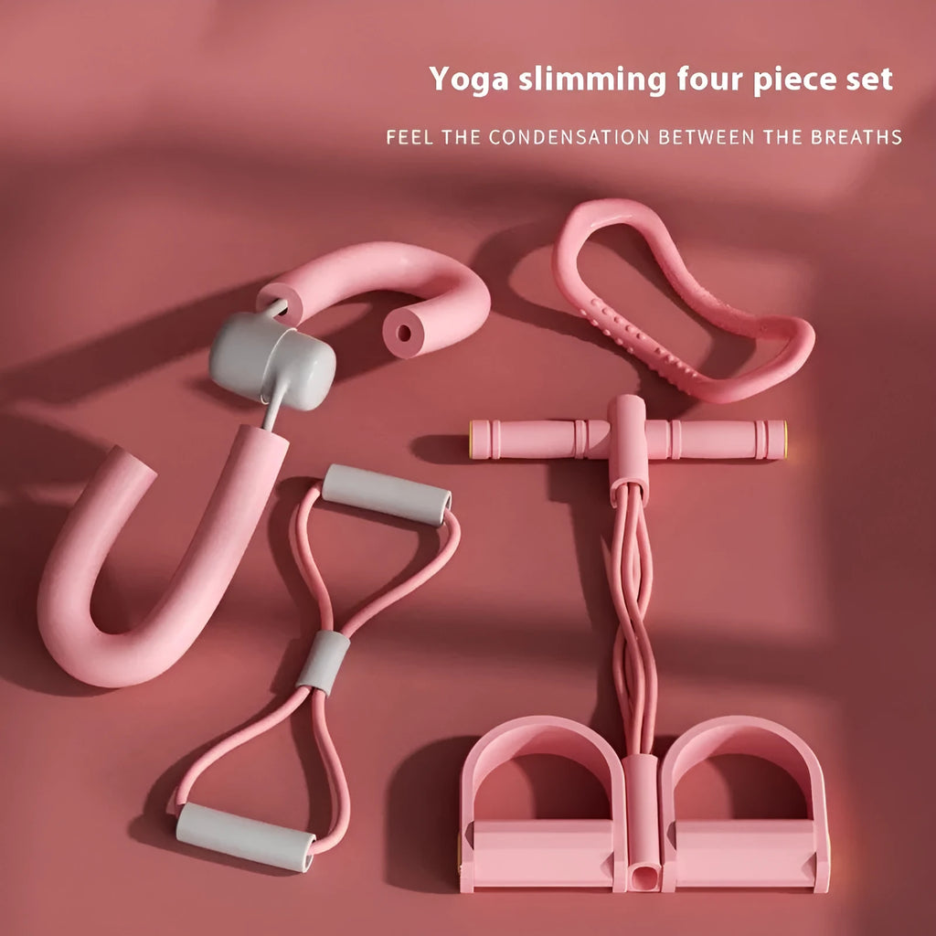 Yoga four piece fitness set with leg stretcher, yoga ring, pedal device, and figure eight tension rope on a plain background