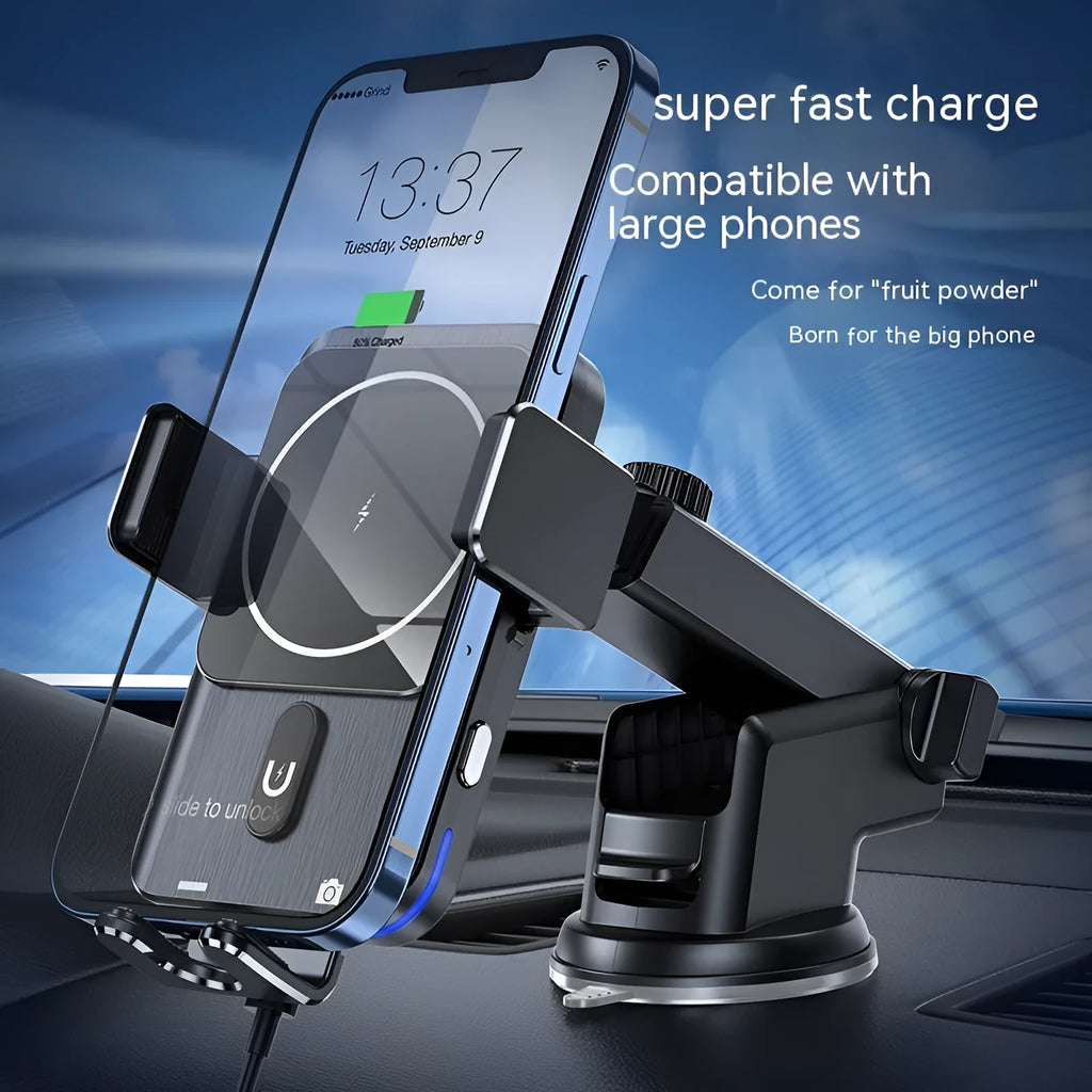 Black car wireless phone charging holder with 15W fast charging capability on vehicle dashboard