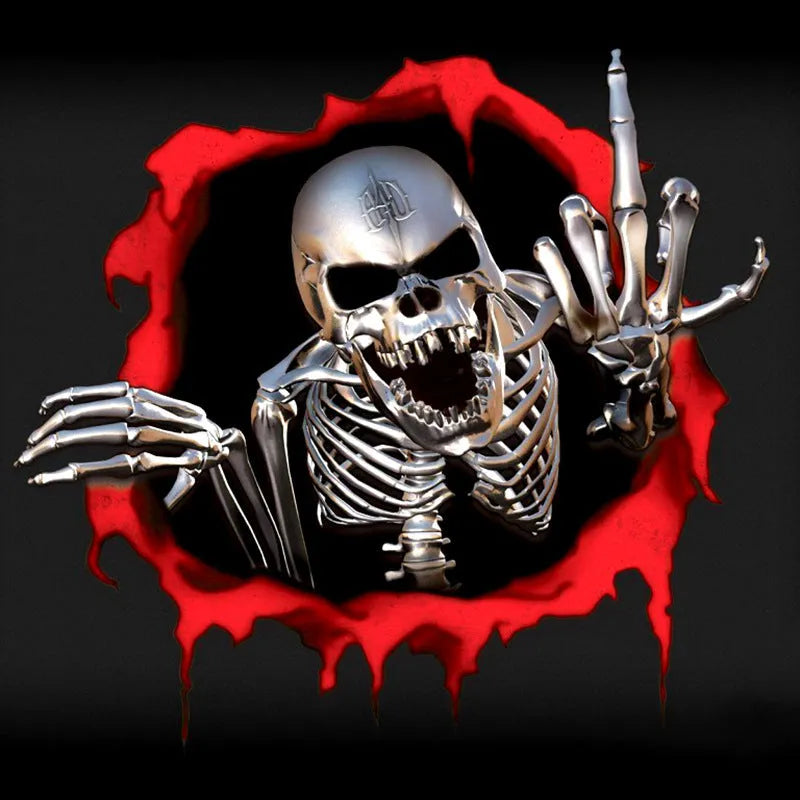 Reflective metal skull bumper sticker with colourful broken shell pattern measuring 15cm by 14cm