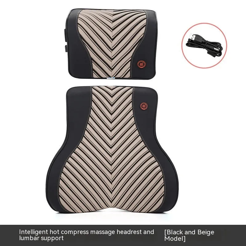 Car electric massage heating headrest and lumbar support cushion in black and orange colour