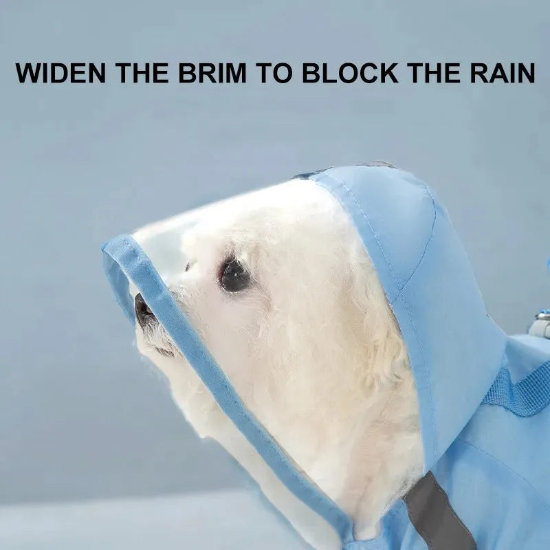Blue pet dog raincoat with full body and four leg coverage on a small dog