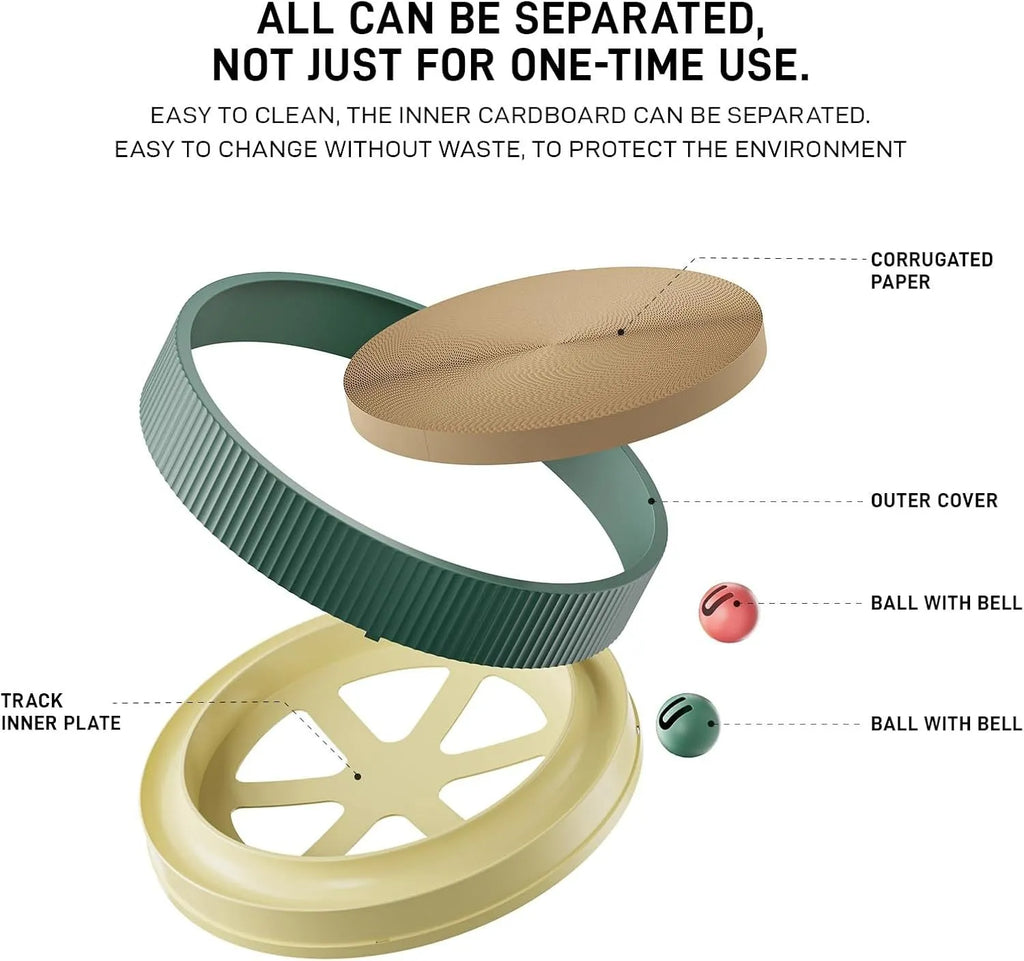 Large circular green cat scratching board with integrated ball toys measuring 45cm diameter