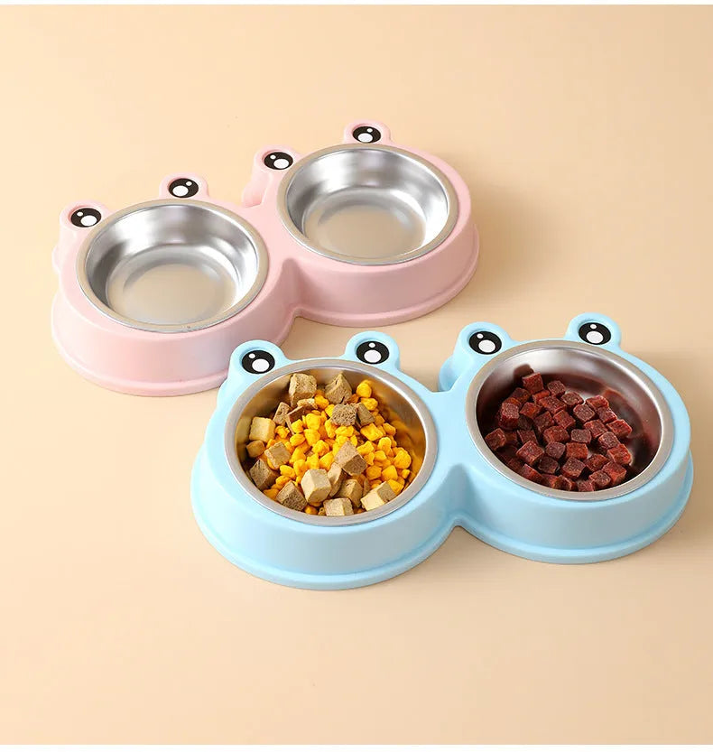 Stainless steel pet double bowl with frog design for food and water feeding