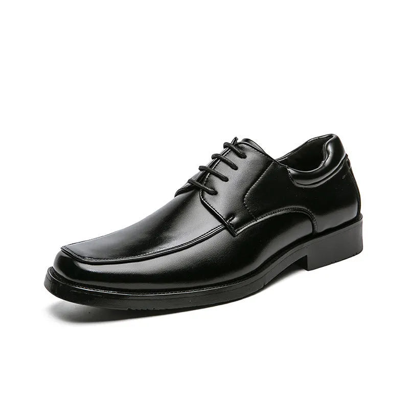 Men's black square toe business casual shoes with rubber soles and artificial PU upper