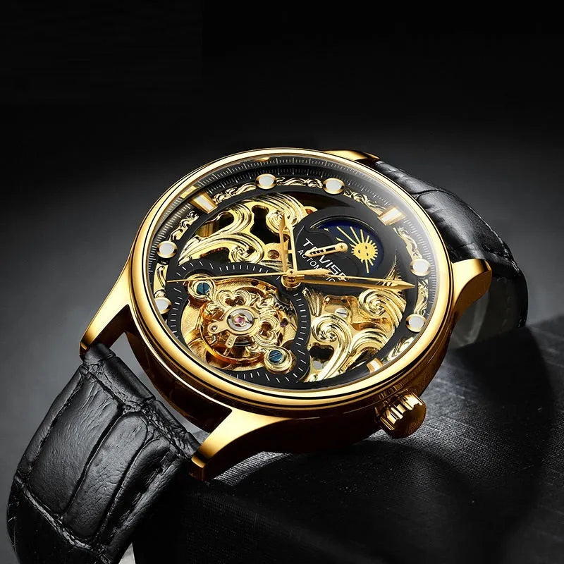 Men's gold and white leather strap automatic waterproof mechanical watch