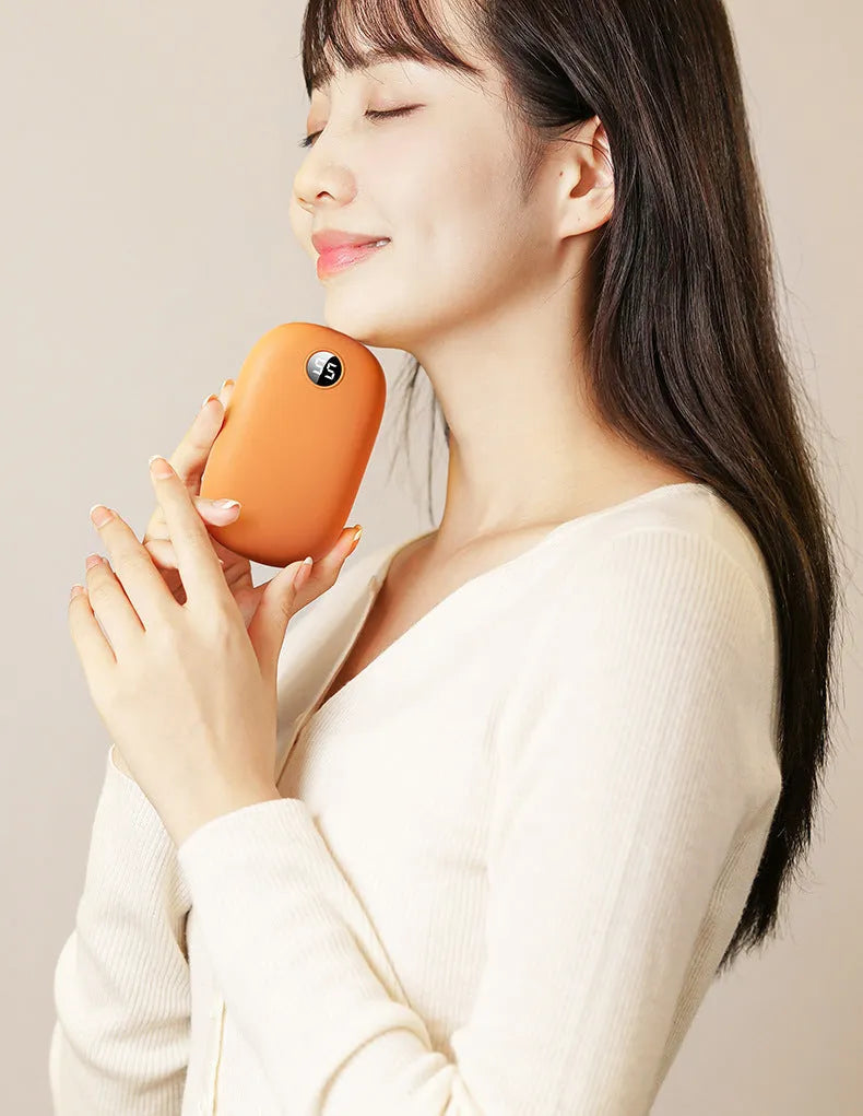 Portable two-in-one hand warmer and USB power bank, model H2, 11.5x7x2.6cm, in Milky White, Peach Pink or Warm Orange
