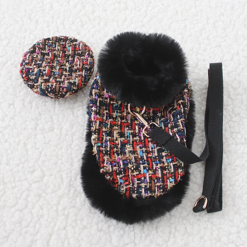 Classic style dog cloak with chest strap and matching lead in cloth fabric