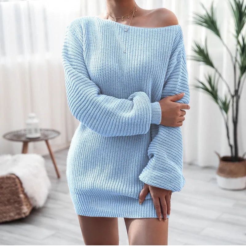 Women's off-the-shoulder casual knitted dress with lantern sleeves in solid colour options