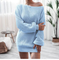 Women's off-the-shoulder casual knitted dress with lantern sleeves in solid colour options
