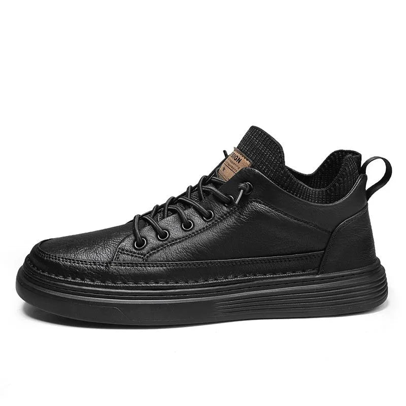 Men's black non-slip lightweight EVA sole sneakers with round toe and laces on plain background