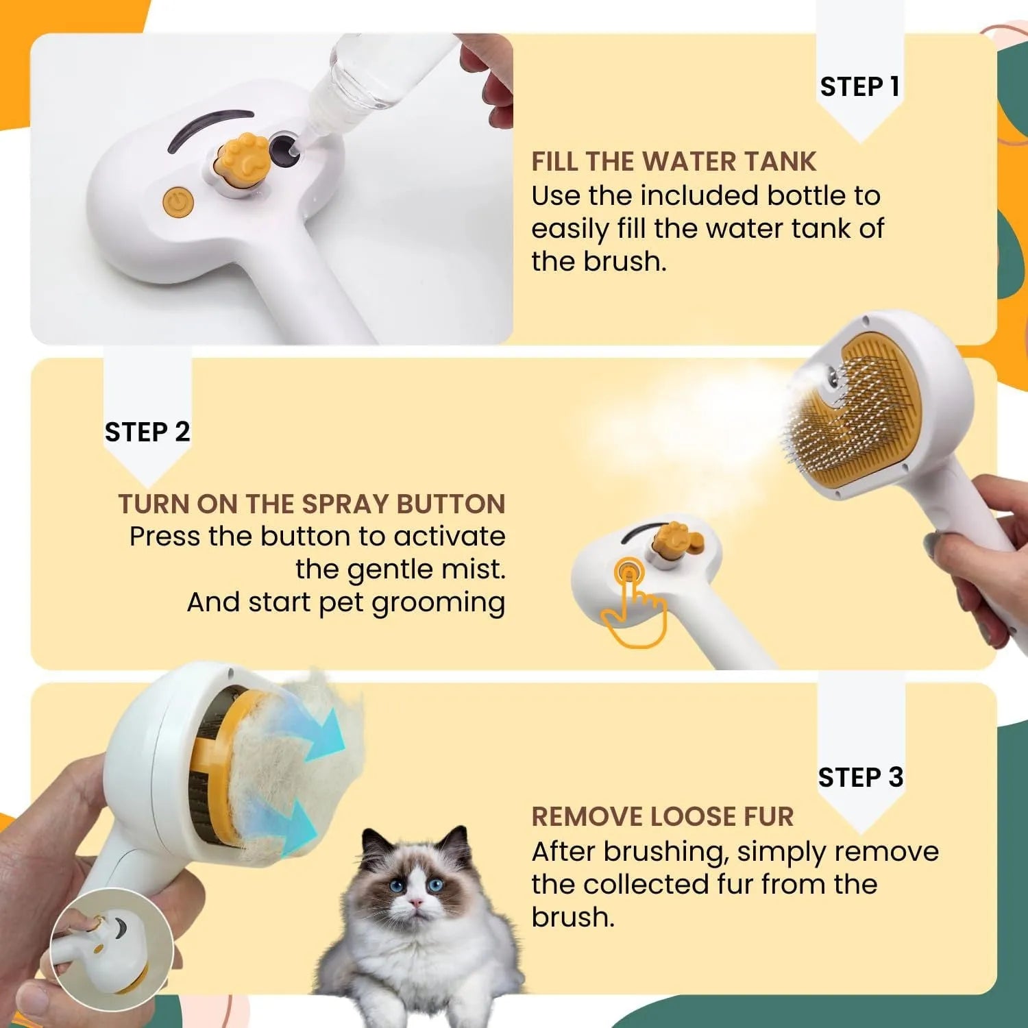 White pet grooming brush with steam spray function and self-cleaning mechanism