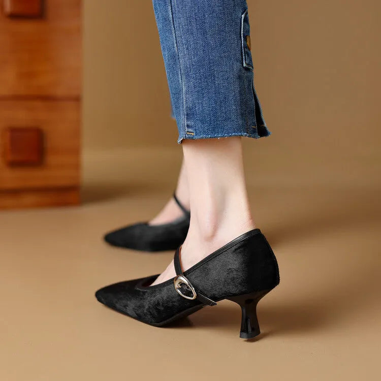Black women's square toe stiletto heel ankle-strap shoes with a textured horse hair upper.