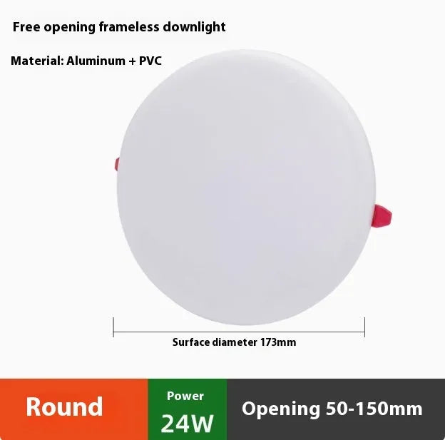 Ultra-thin circular and square aluminium LED panel ceiling lights showing white light.