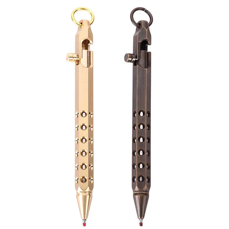 Retro brass hexagon bolt action pen with rollerball refill showing hexagonal barrel detail