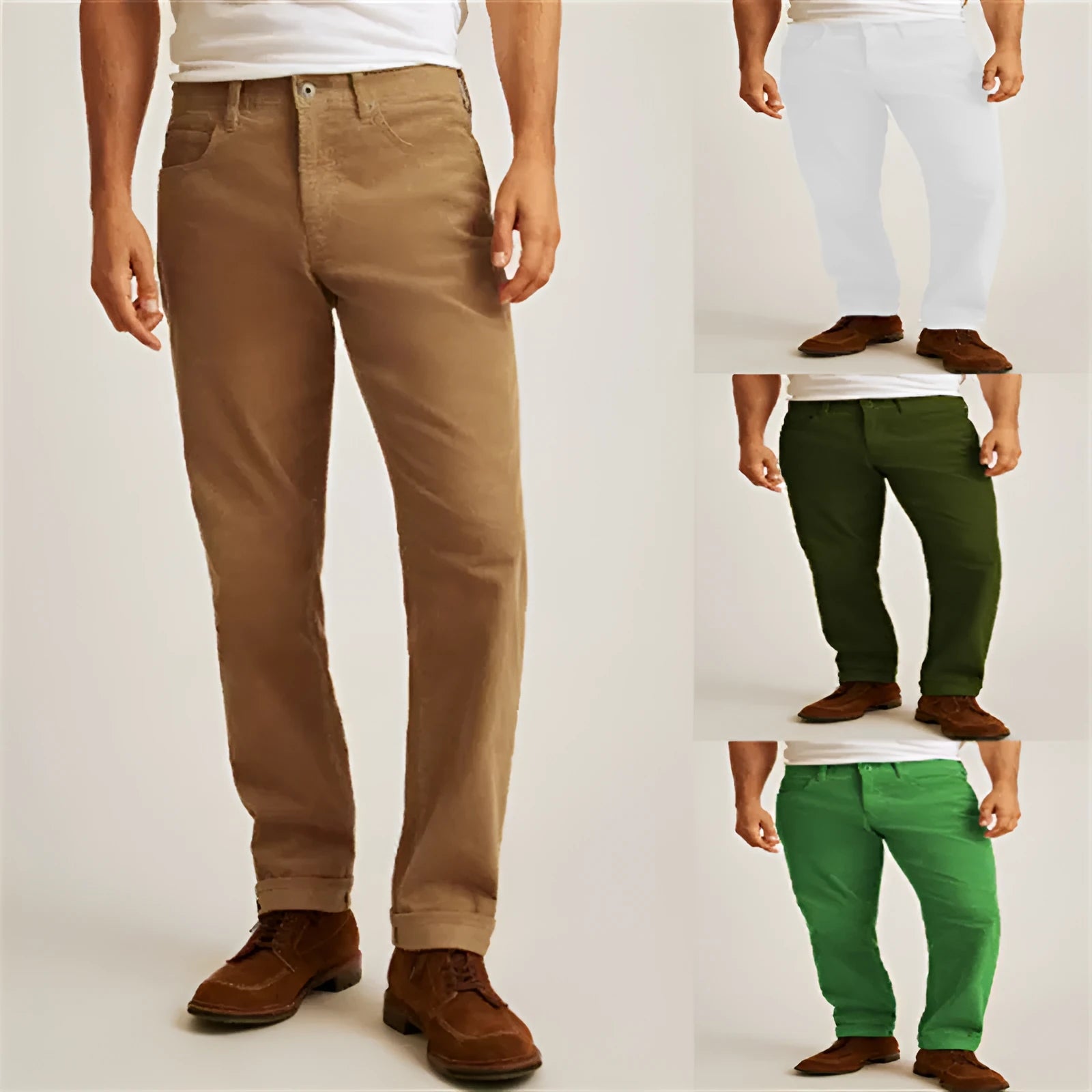 Corduroy straight leg casual trousers in army green colour showing loose fit and mid waist design