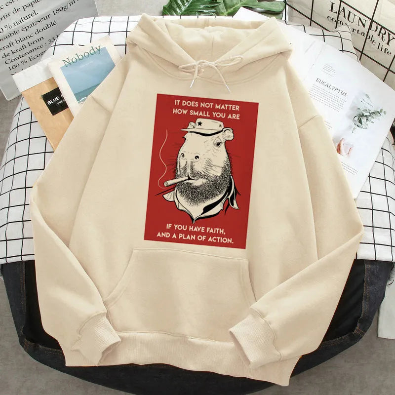 Gray capybara print hoodie for women, loose fit pullover with hood and long sleeves, side seam pocket