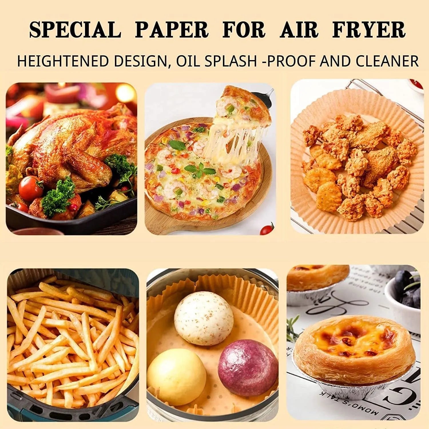 Disposable Air Fryer Paper Liners Food-Grade Parchment Baking Accessories Oil-Proof Non-Stick Round Bowl Shape 16cm Diameter 4.5cm Height 50-Piece Pack for Air Fryer Microwave Oven Steamer Natural Colour