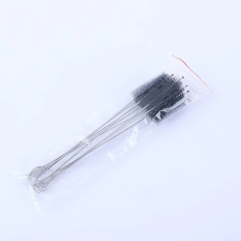 Set of stainless steel handled cleaning brushes with nylon bristles for straws and bottles.