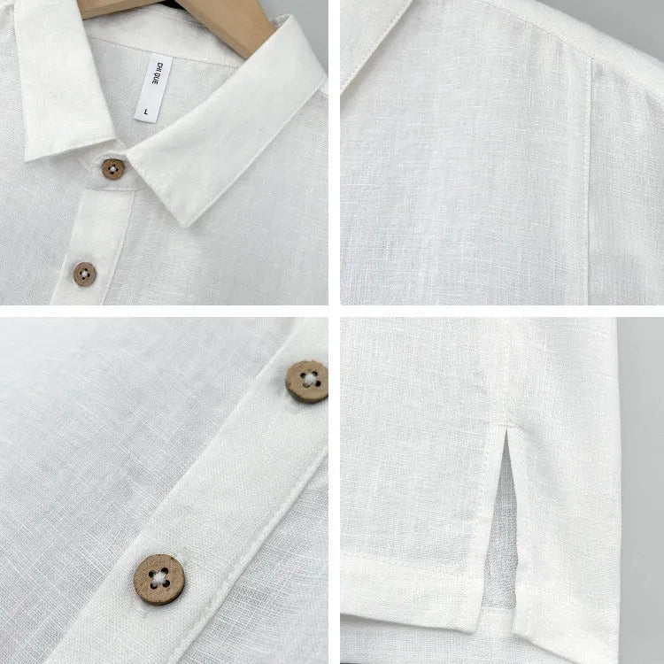 Men's loose-fit short-sleeve linen top in gray green on a hanger