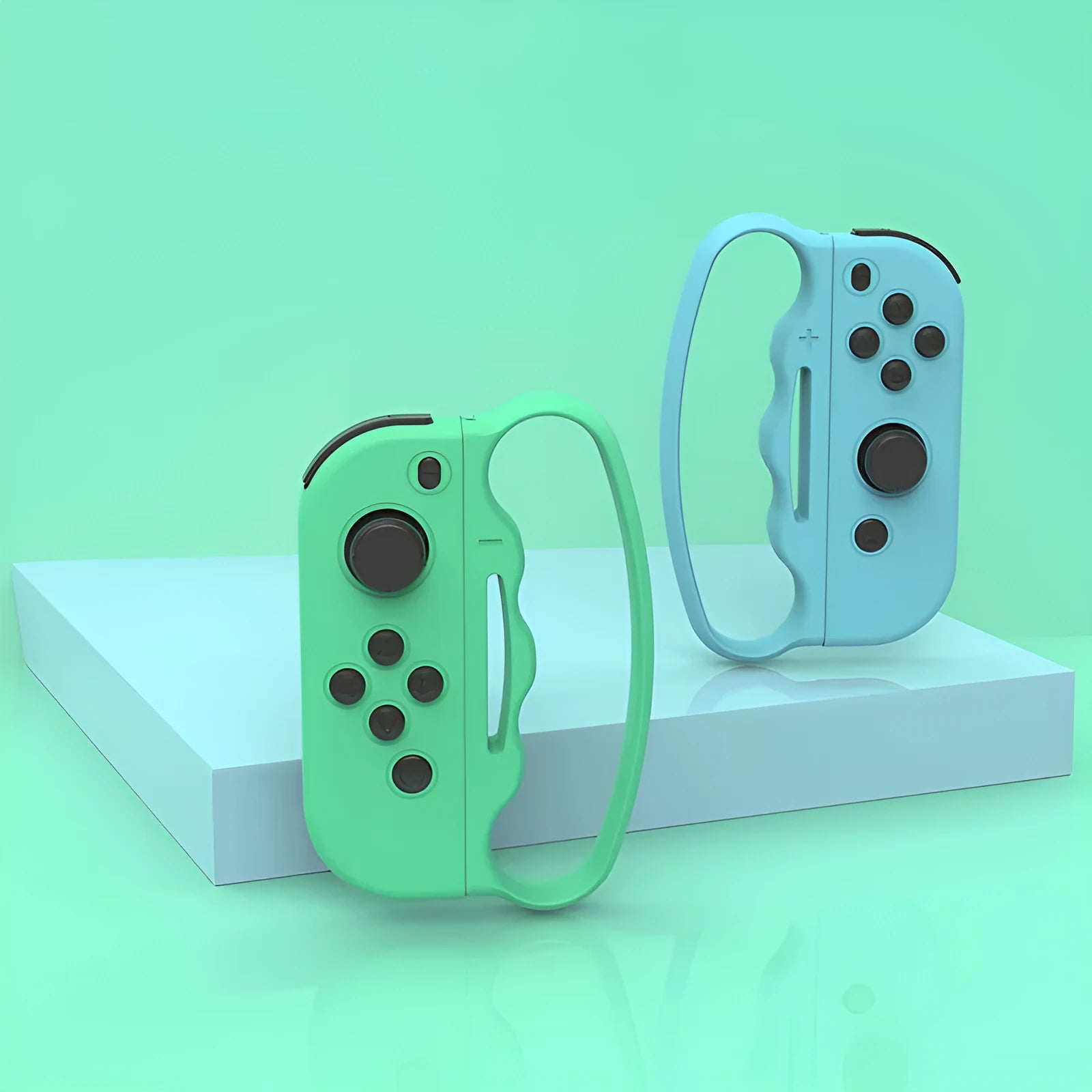Two sets of black Joy-Con handle grips with attached hand straps for Nintendo Switch controllers