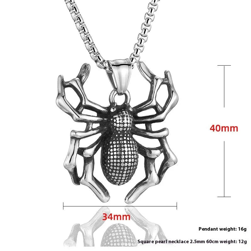 Titanium steel spider punk pendant with polished finish, unisex design, shown with optional square pearl chain