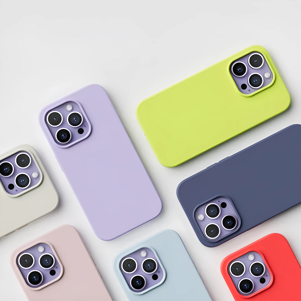 Liquid silicone magnetic phone case protector in black for iPhone 14 series with MagSafe ring