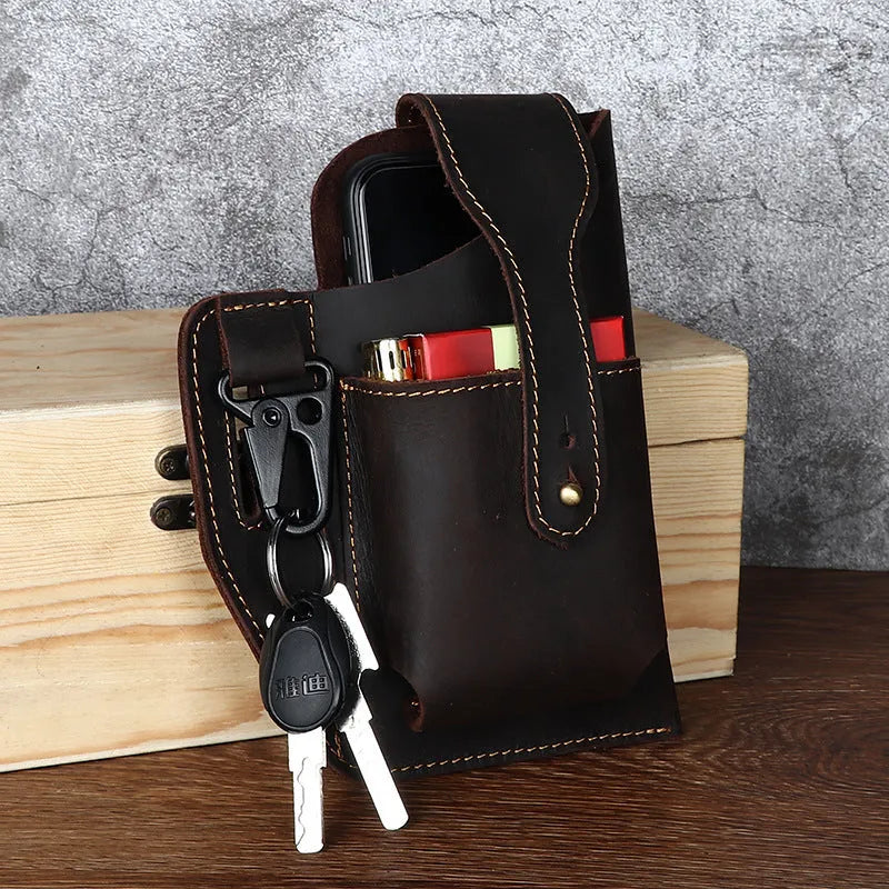 RtopR men's retro leather phone hanging belt bag in black with car suture detail and cover opening