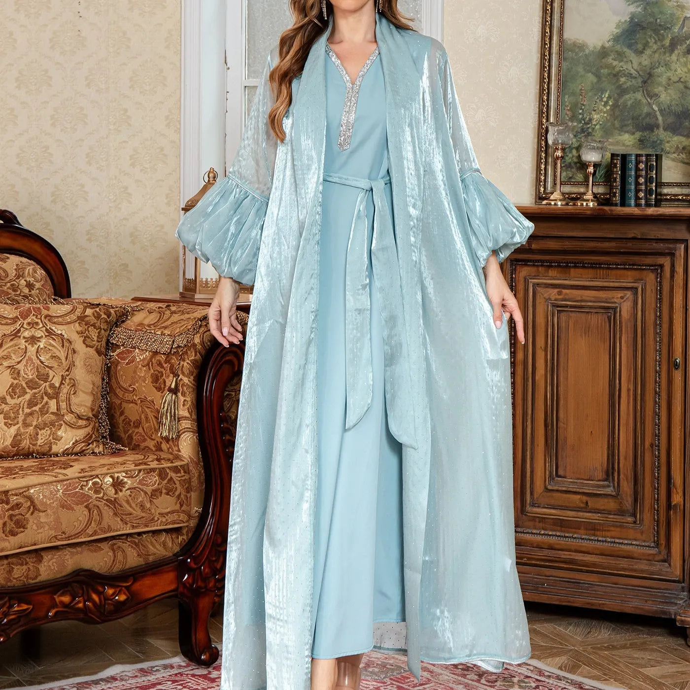 Arabic two-piece dress set in blue with rhinestone straps and long sleeves