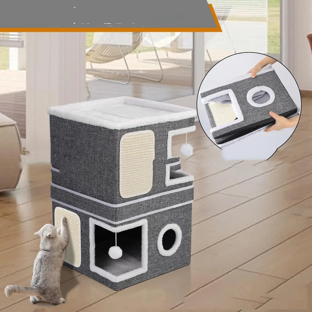 Foldable three-layer right angle cat nest in dark gray cloth measuring 40x40x61CM for dogs and cats