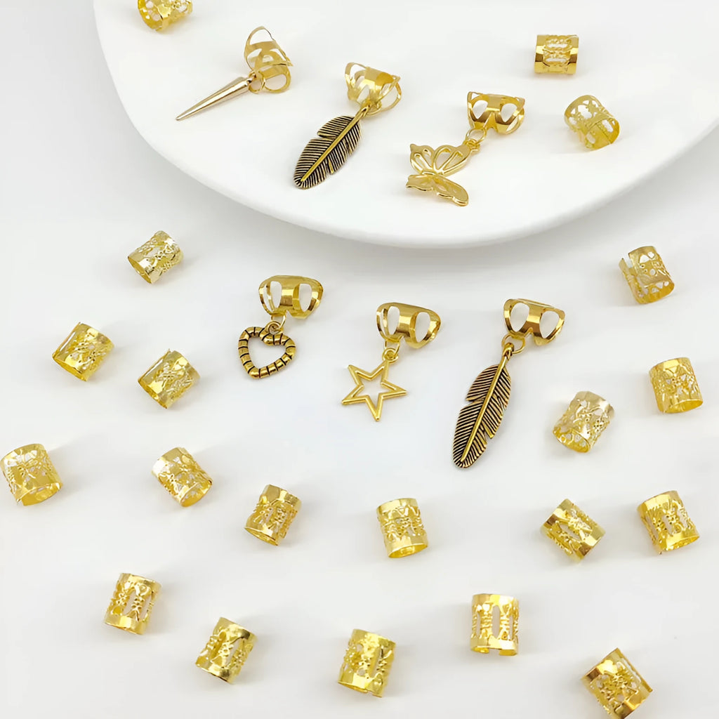Pack of 26 antique-style trendy leaves dirty braid hair rings in gold or silver alloy.